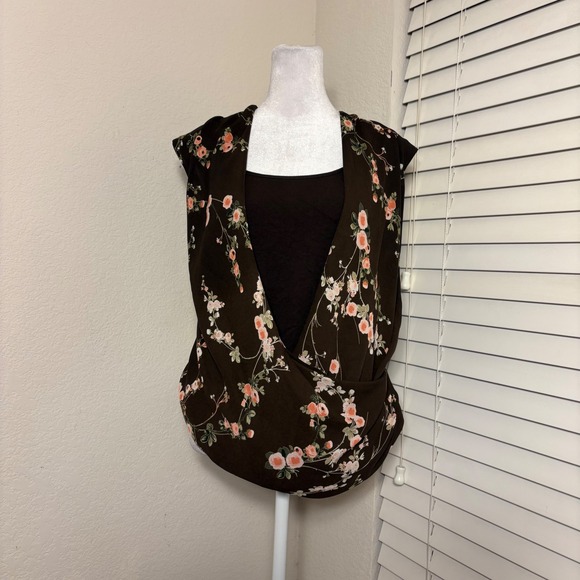 New York & Company Tops - Y2K Girly Twee Brown and Pink Floral Draped Cowl Neck Layered Blouse Size M